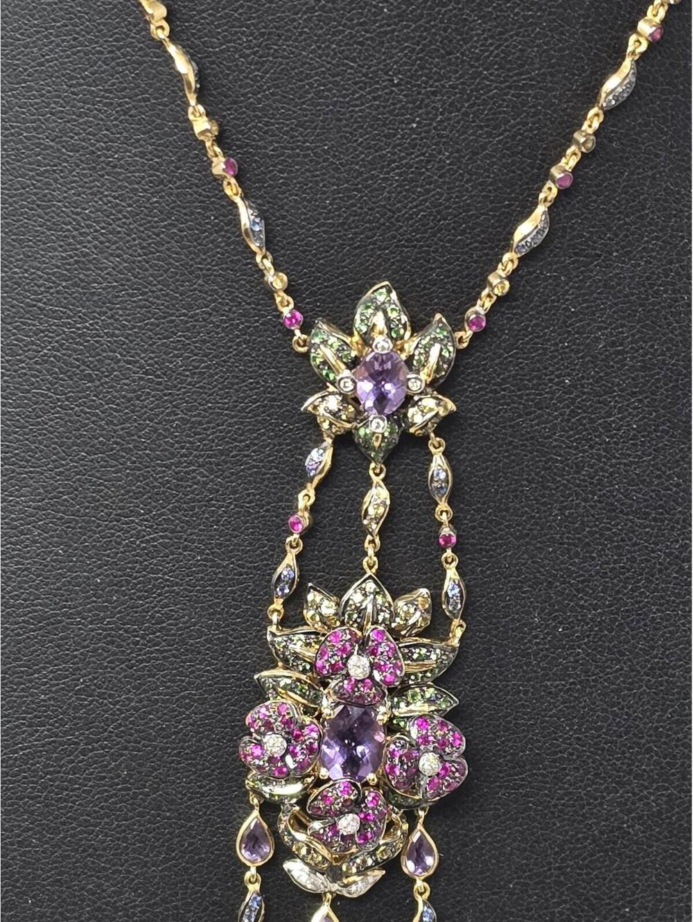 18k Gold Edwardian Revival Natural Gem Festoon Necklace - Picture 5 of 9